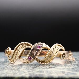 c.1902 Victorian Bangle Bracelet 9k Solid Yellow and Rose Gold Rubies Diamond